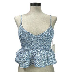 BILLABONG Stay Cool Cami Tank Top Sz L Blue White Floral Smocked Ruffle Crop Top